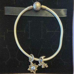 Pandora chain bracelet, cinderella blue star pendant, star&crescent moon charm